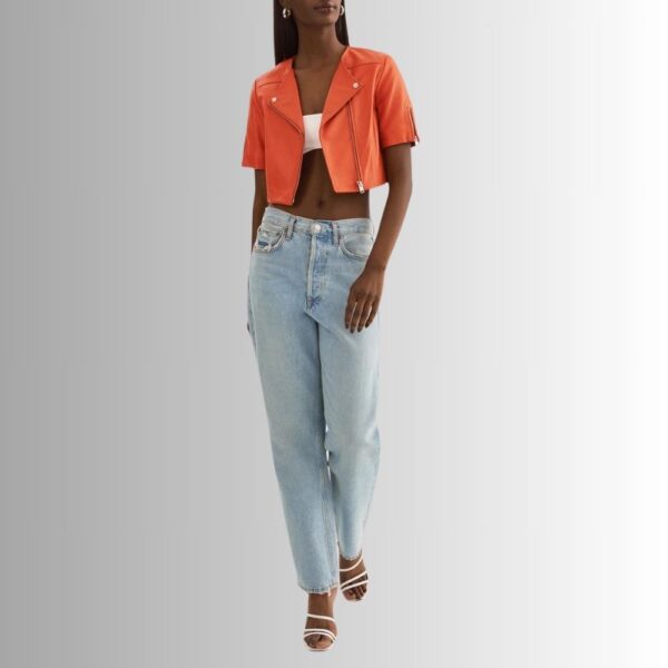 Blouson Cuir Femme Orange - Manches Courtes