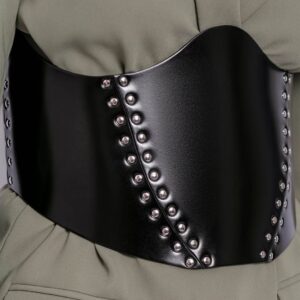Ceinture Corset en Cuir Véritable Noir Femme avec Clous Métalliques