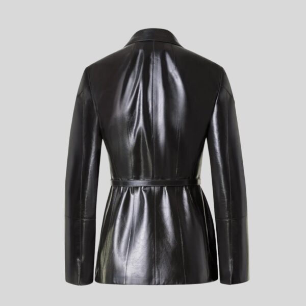 Manteau 3/4 Ceinturé en Cuir Nappa Noir pour Femme avec Col Chemise