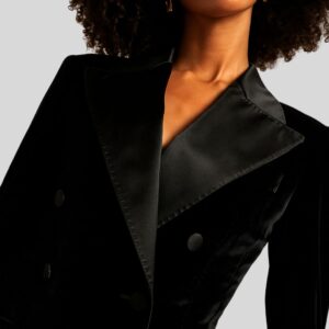 Blazer Femme Velours Noir – Long, Cintré, Double Boutonnage