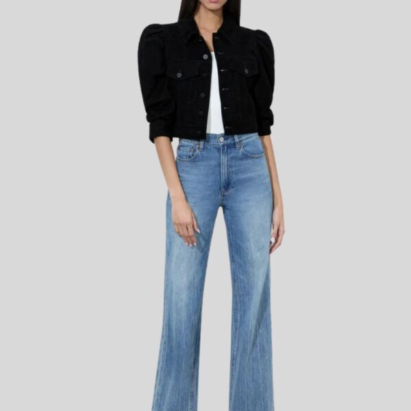 Velvet Puff – Veste Courte Daim Noir Femme à Manches Bouffantes