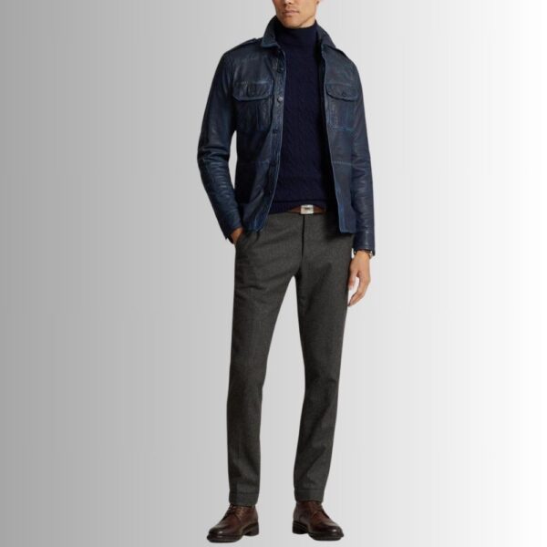 NavyDyed – Veste Cuir Homme Bleu Vintage à Poches Cargo