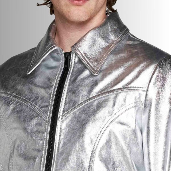 Silver Luxe – Veste Cuir Argenté Homme – Bomber Métallisé Tendance