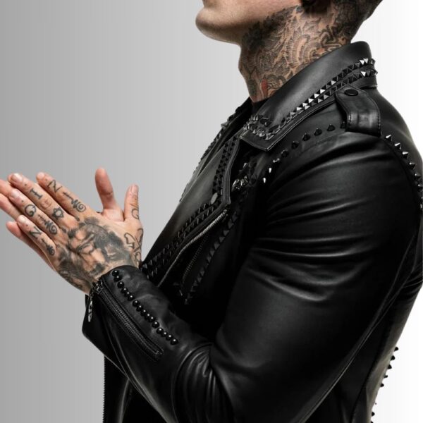 Rock Élite – Veste cuir cloutée homme – Biker noir en agneau véritable